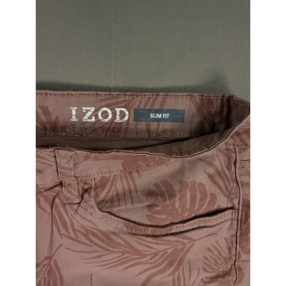 IZOD Mens Slim Fit Comfort Stretch Tropical Palm Leaf Shorts Peach 36 Coastal